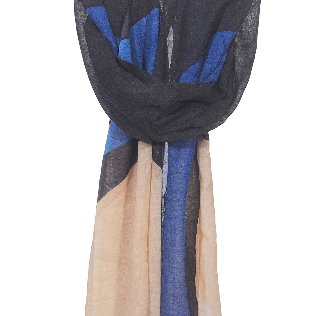 Ayesha Modern Thin Wool Scarf with Geometric Design: Black, Beige, Blue