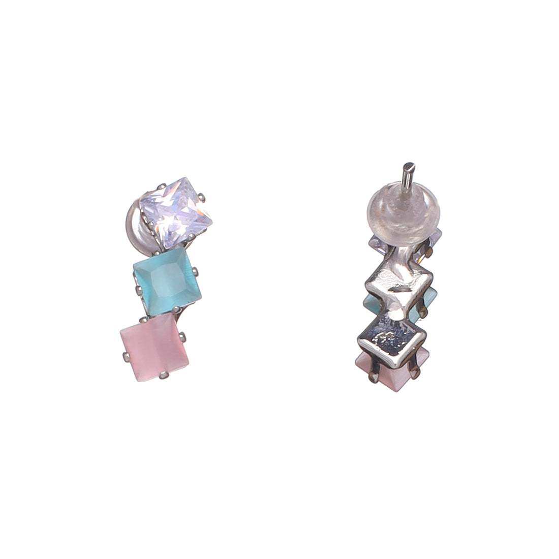 Triple Stone Stud Earring - Pink, Blue, Diamond