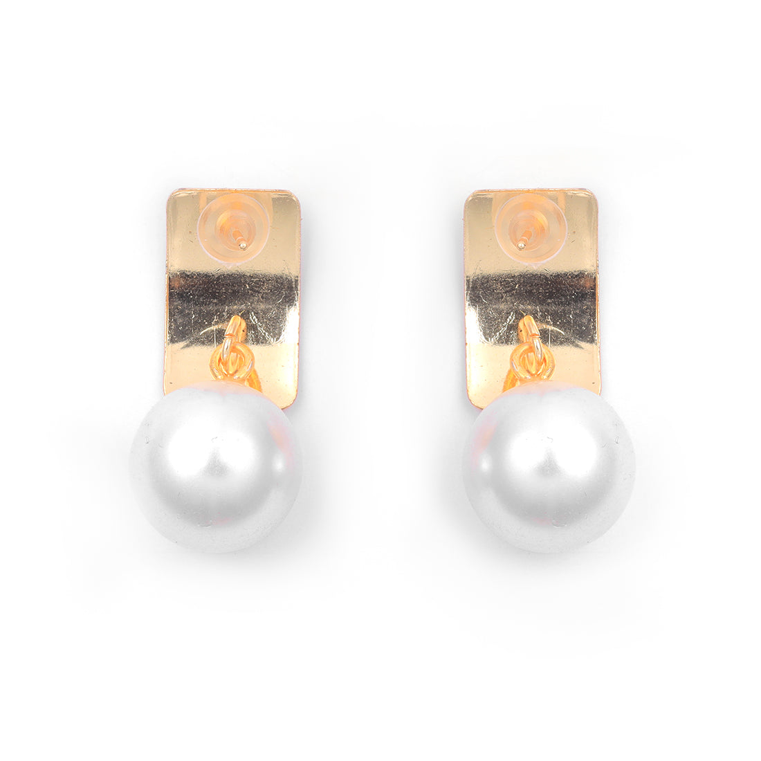 Striking Gold Rectangular Earrings Accented With A Chic Pearl.