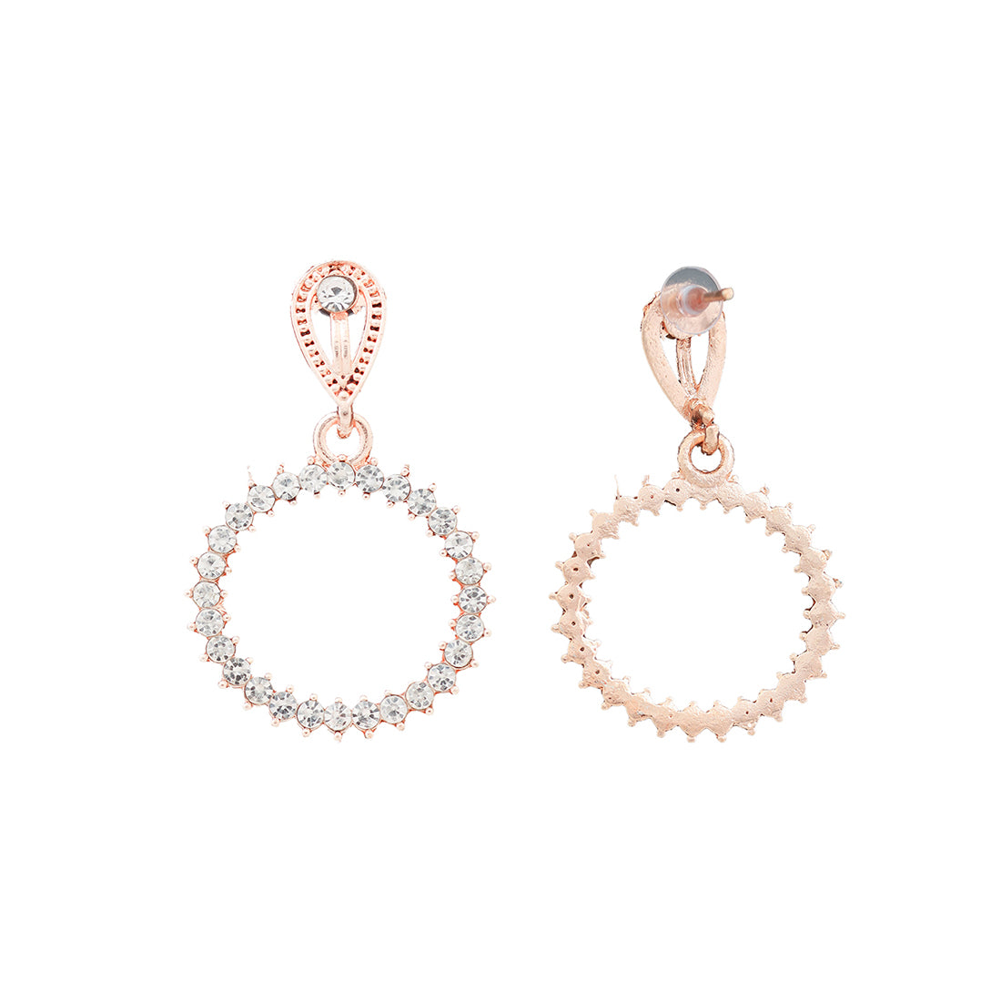 Elegant Contemporary Rose Gold Diamante Studded & Metallic Oval-Shaped Drop Earring
