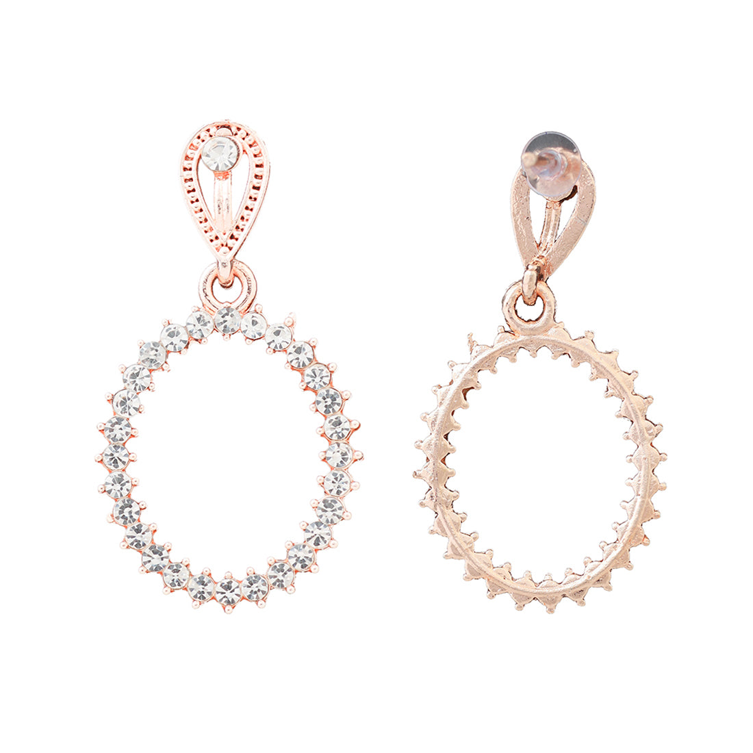 Elegant Contemporary Rose Gold Diamante Studded & Metallic Oval-Shaped Drop Earring