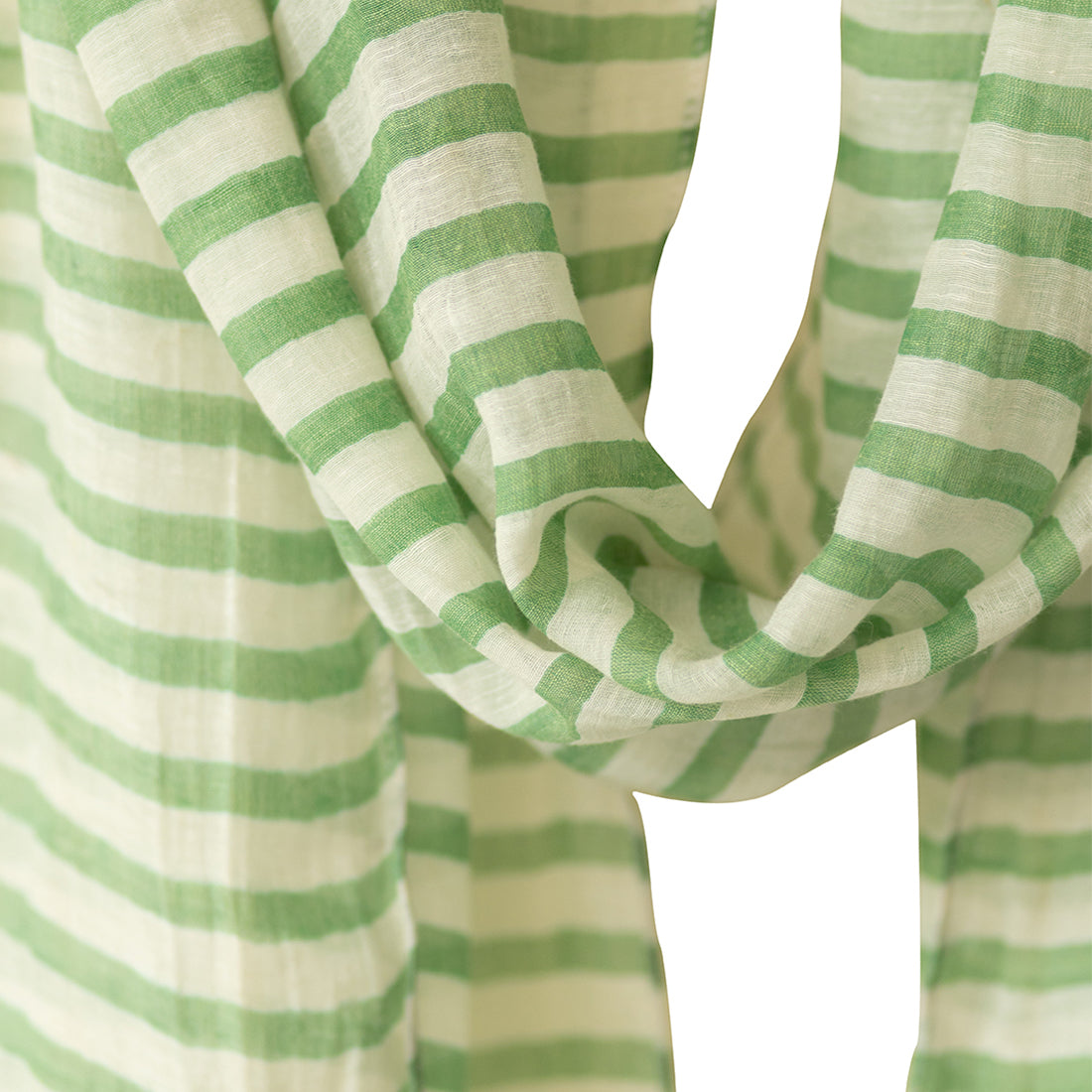 Green & White Horizontal Thin Stripes Printed Silk Cotton Blend Scarf