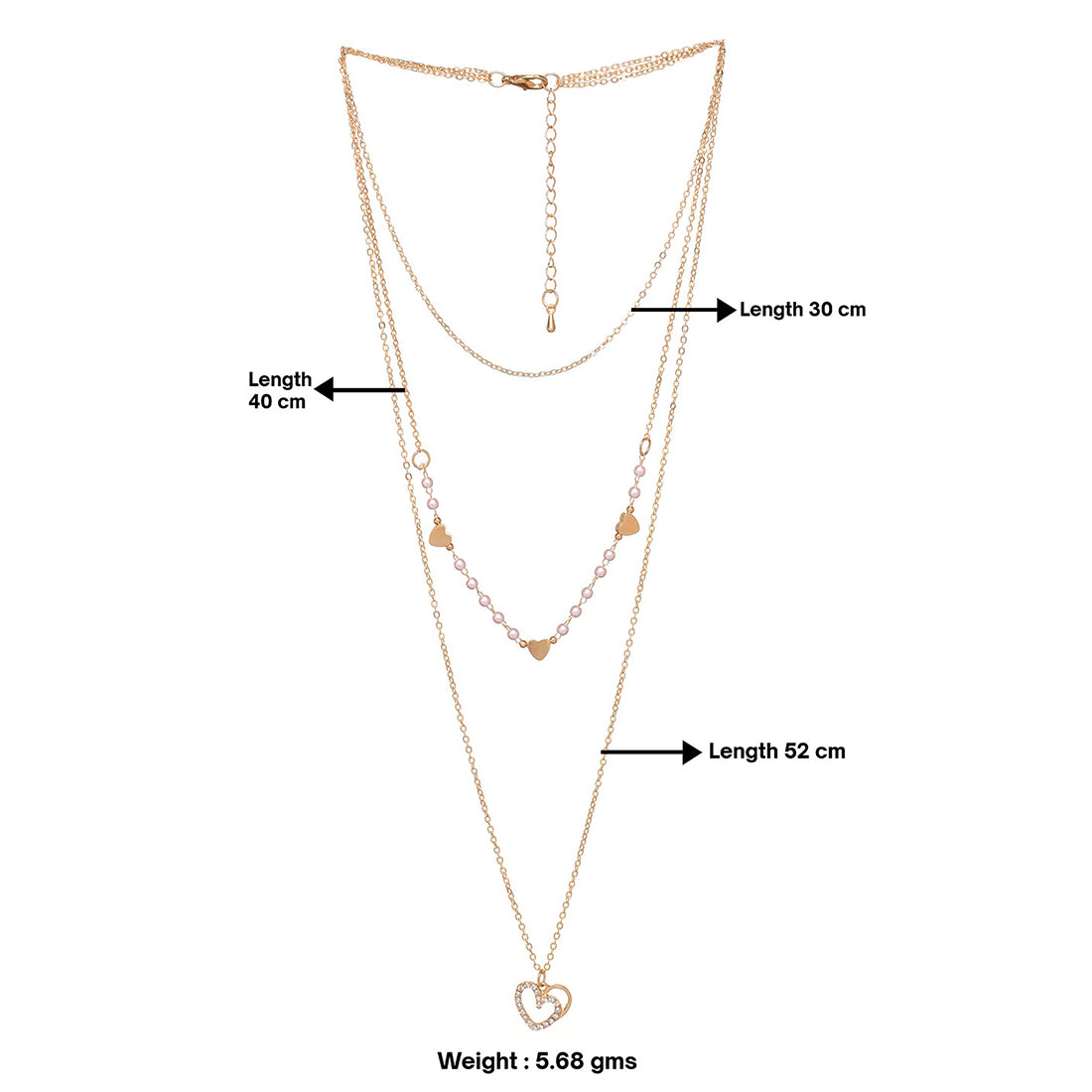 Chic & Trendy Three Layered Gold Necklace with Two Hearts Pendant and Diamante