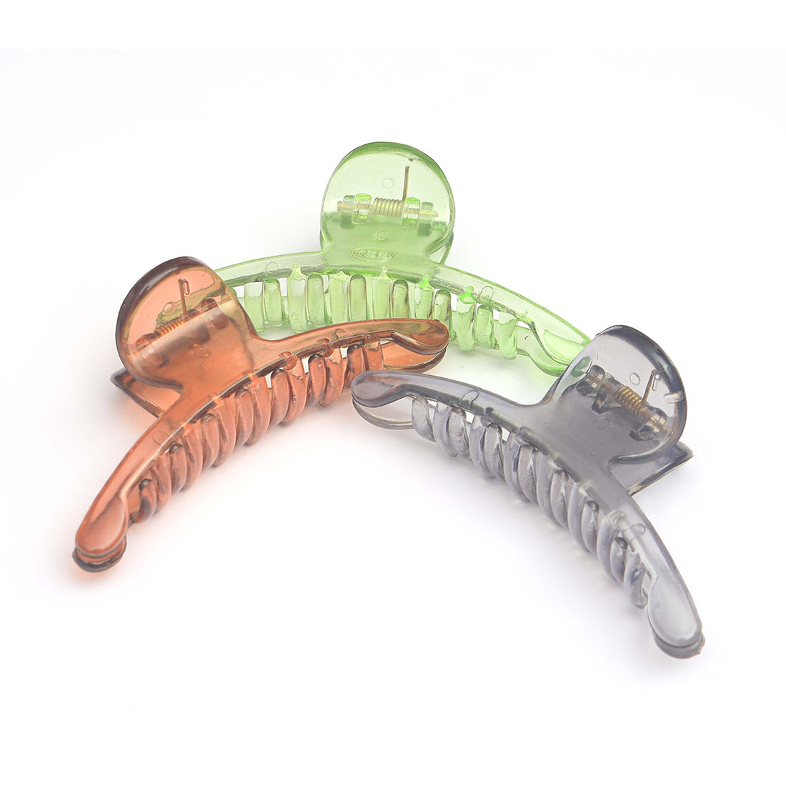 Chic Set Of Three Hair Clutches In Transparent, Tan, Green, And Grey Shades.