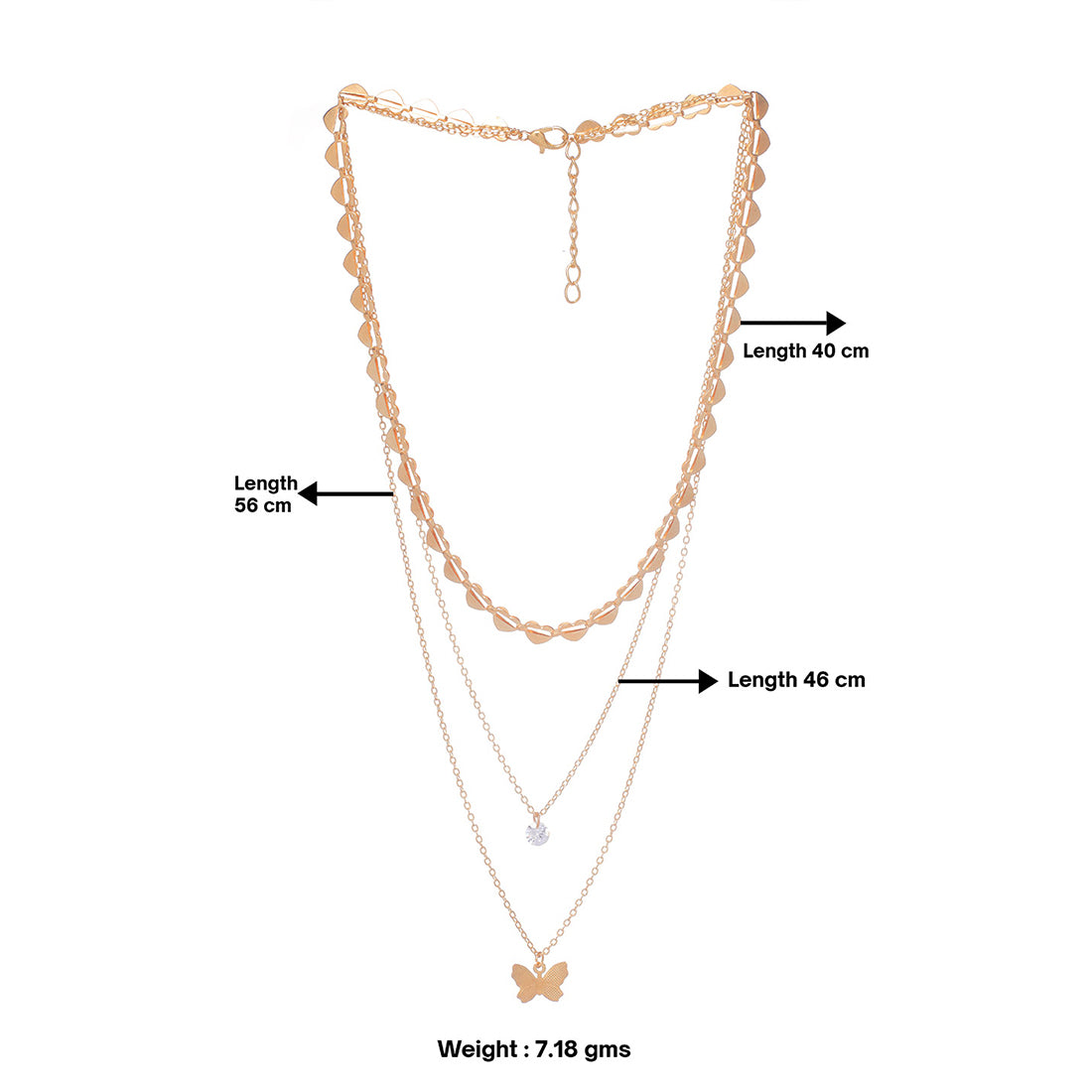 Trendy Three Layered Gold Necklace with Butterfly Pendant , diamonti stone and Chain of Hearts