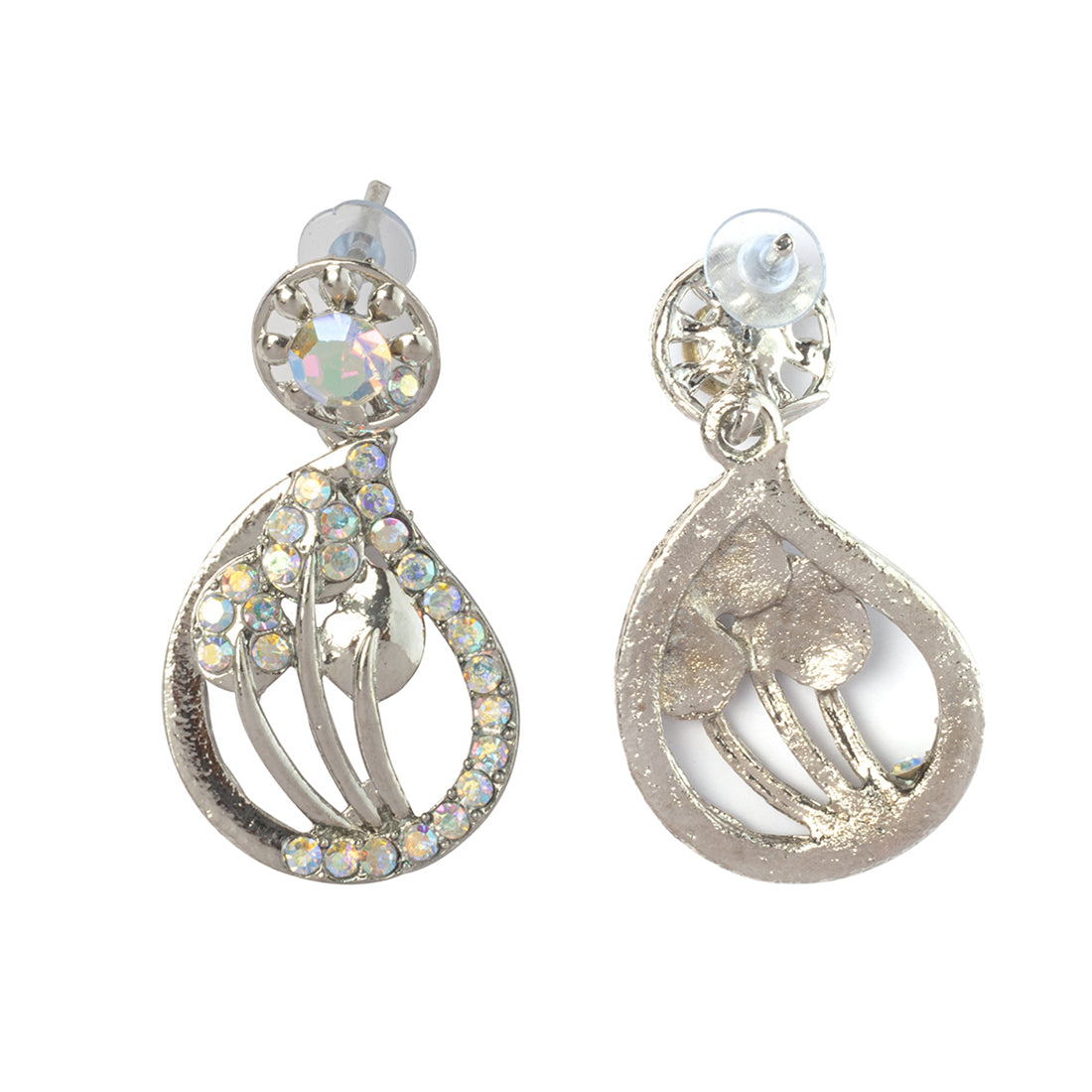 Elegant Silver Tear-Drop-Shaped Studs, Intricate Flower Design, Diamonti Filigree