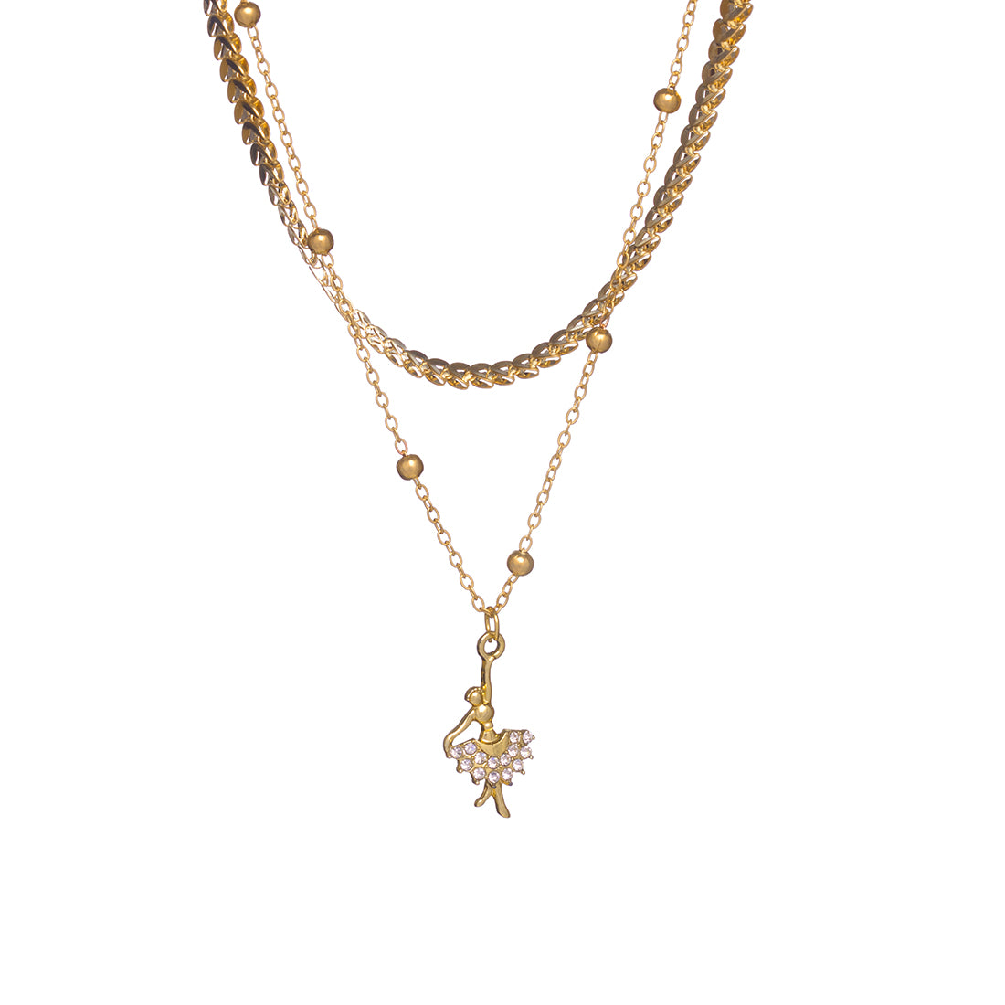 Two-Layered Gold Necklace With Ballerina Pendant And Diamonti