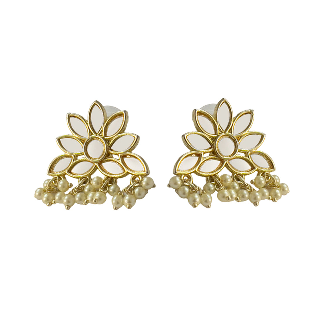 Half Flower Stud with Mirror Embellishments Gold-Toned Tiny Pearl Drop Earrings