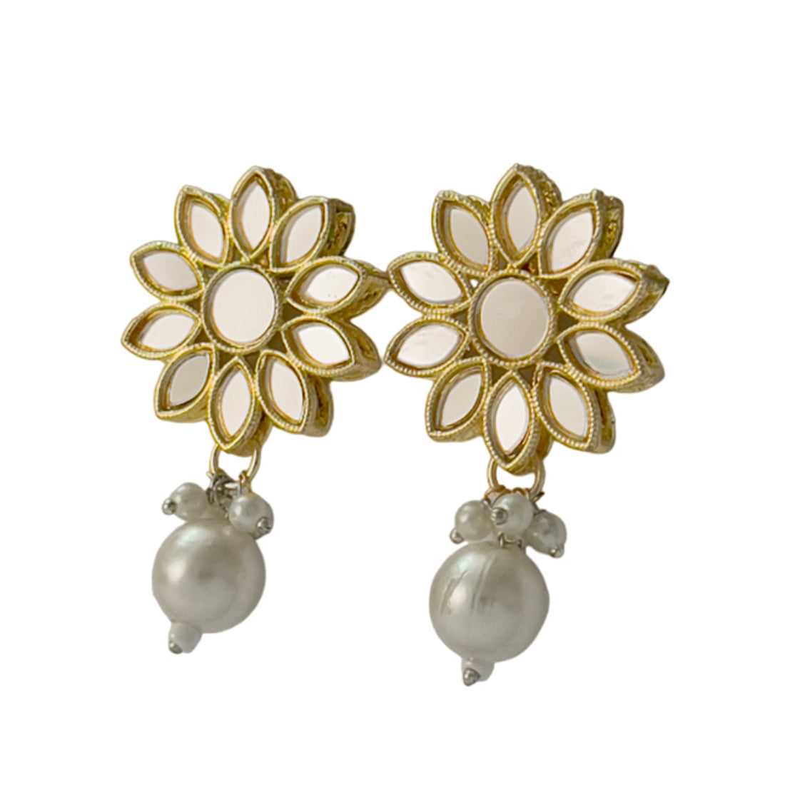 Flower Stud with Mirror Embellishments Gold-Toned Pearl Drop Earrings
