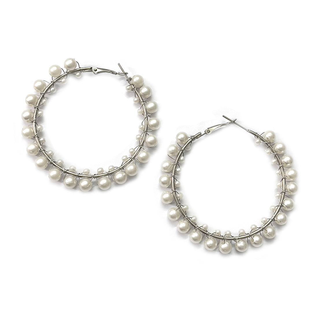 Oversized Silver-Toned Pearl Studded Hoop Earrings
