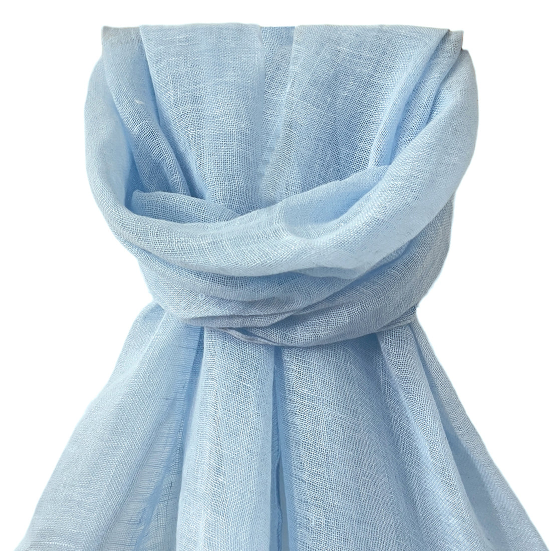 Sky Blue Solid Linen Scarf with Long Tassels on Corners