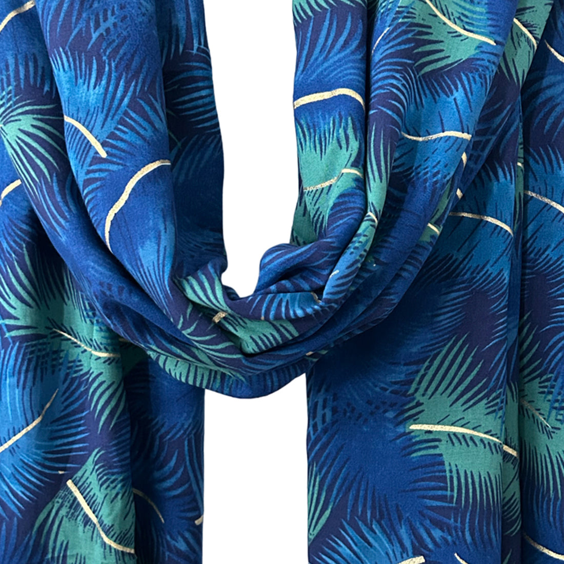 Tropical Blue & Green Palm Leaves Printed Modal Tassel Scarf