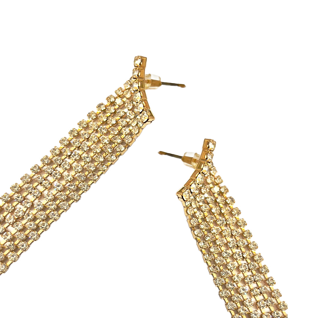 Contemporary White Diamante Crystal Studded Gold-Toned Asymmetric Long Tassel Drop Earrings