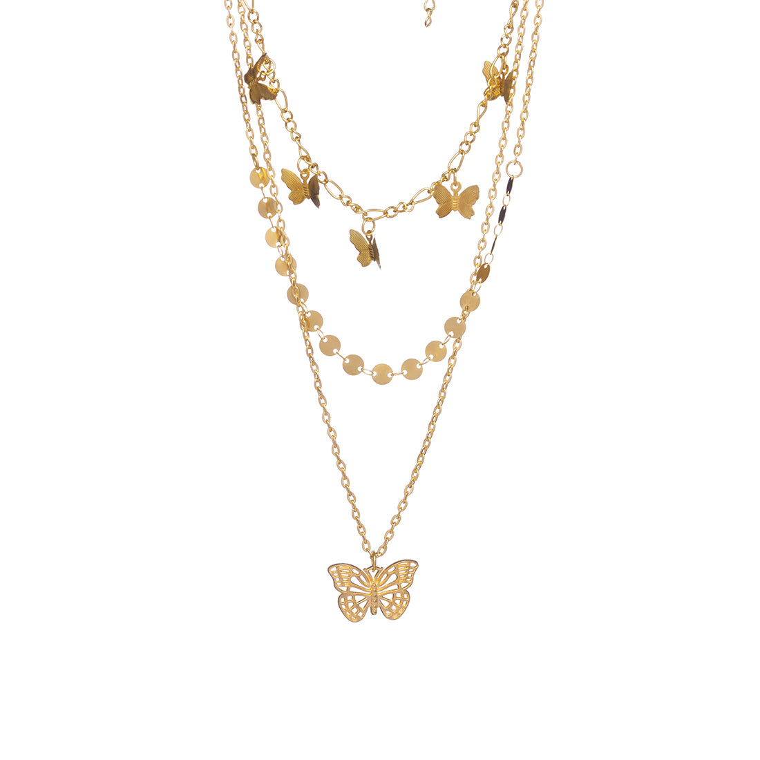 Three Layered Butterfly Pendent Necklace In Gold-Tone