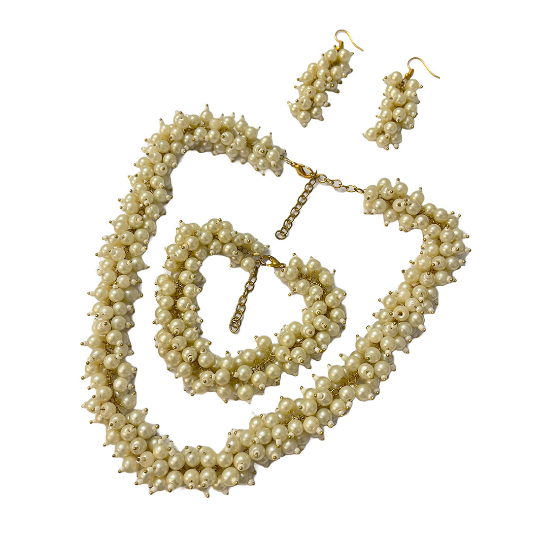 White and Gold Pearl Studded Evening Party Set of Necklace, Earrings & Bracelet for Women