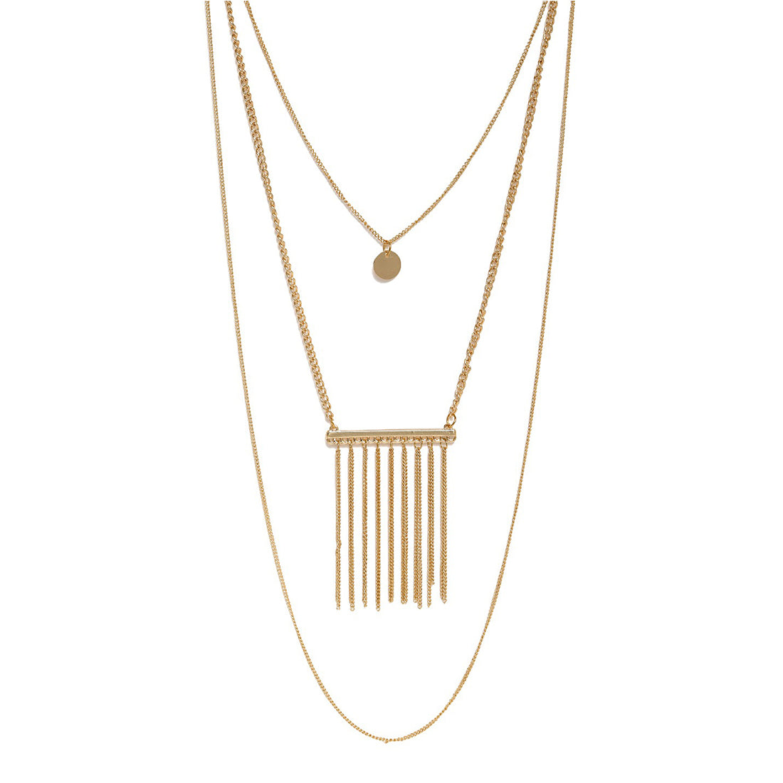 Metallic Tassel & Circular Pendants Triple Layered Gold-Toned Necklace