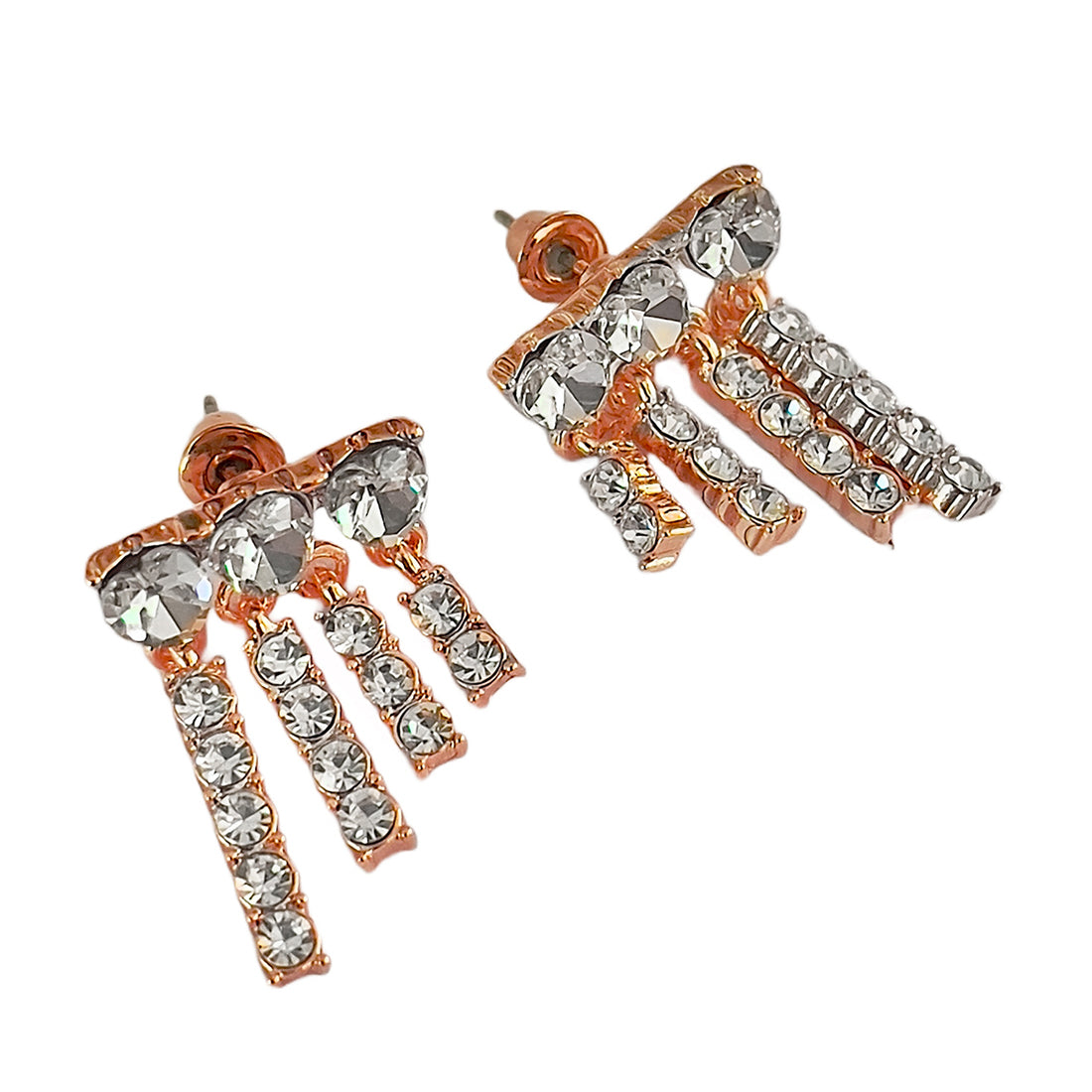 Rhinestone Diamante Studded Rose-Gold Toned Asymmetric Short Tassel Drop Earrings