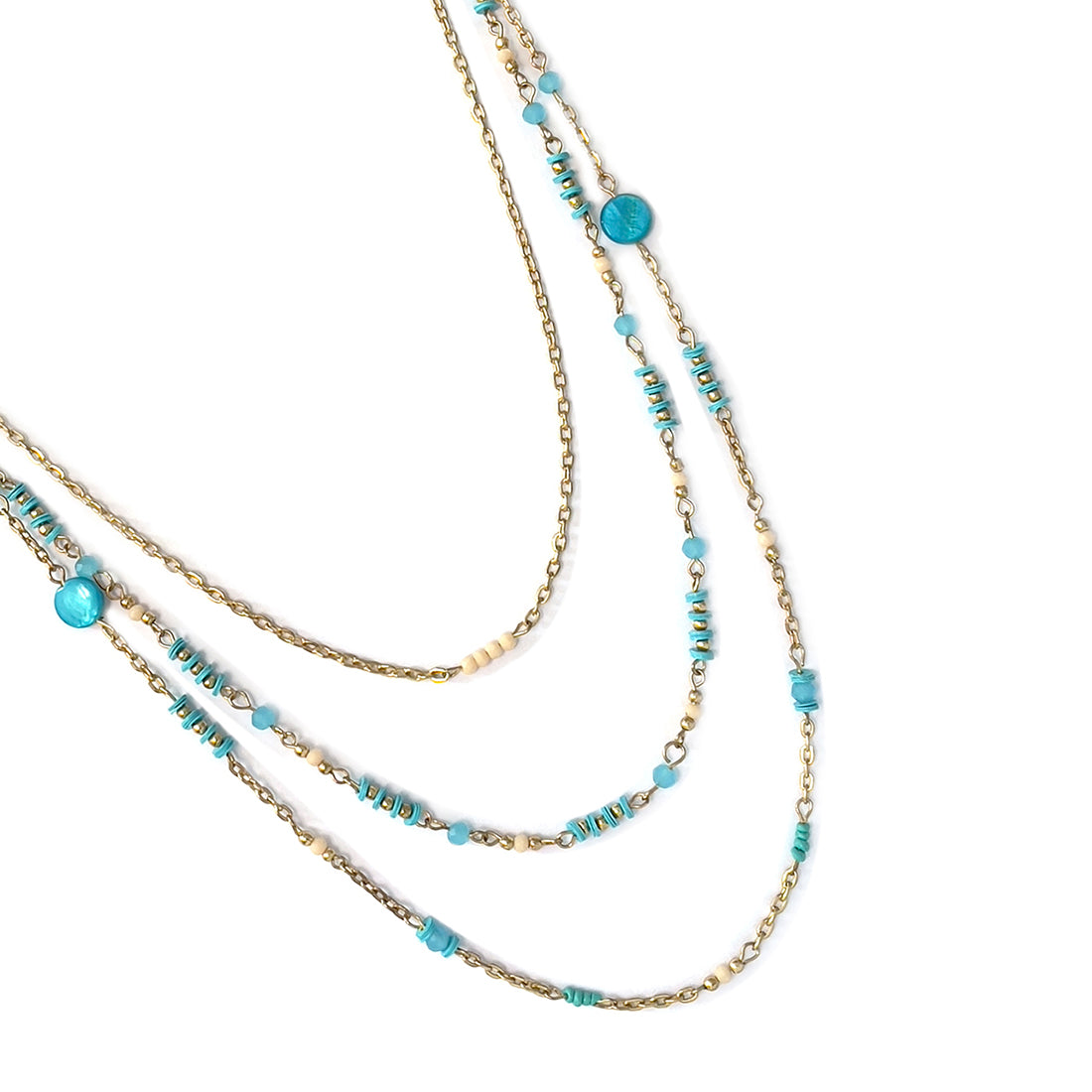 Blue & Beige Beaded Gold-Toned Triple Layered Long Boho Necklace