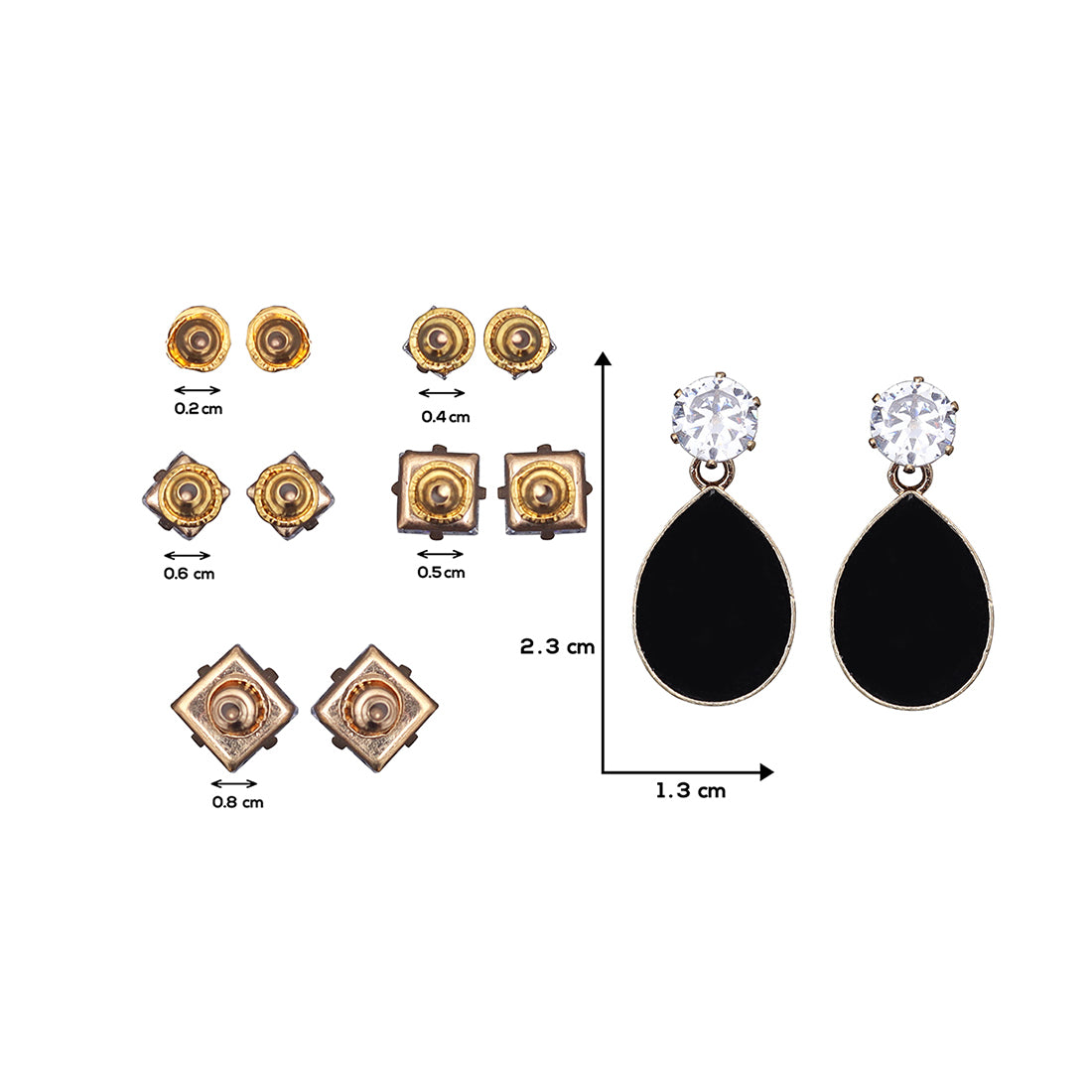 Set Of 6 Golden Zircon Studs & Black Matte Drops Earring Set