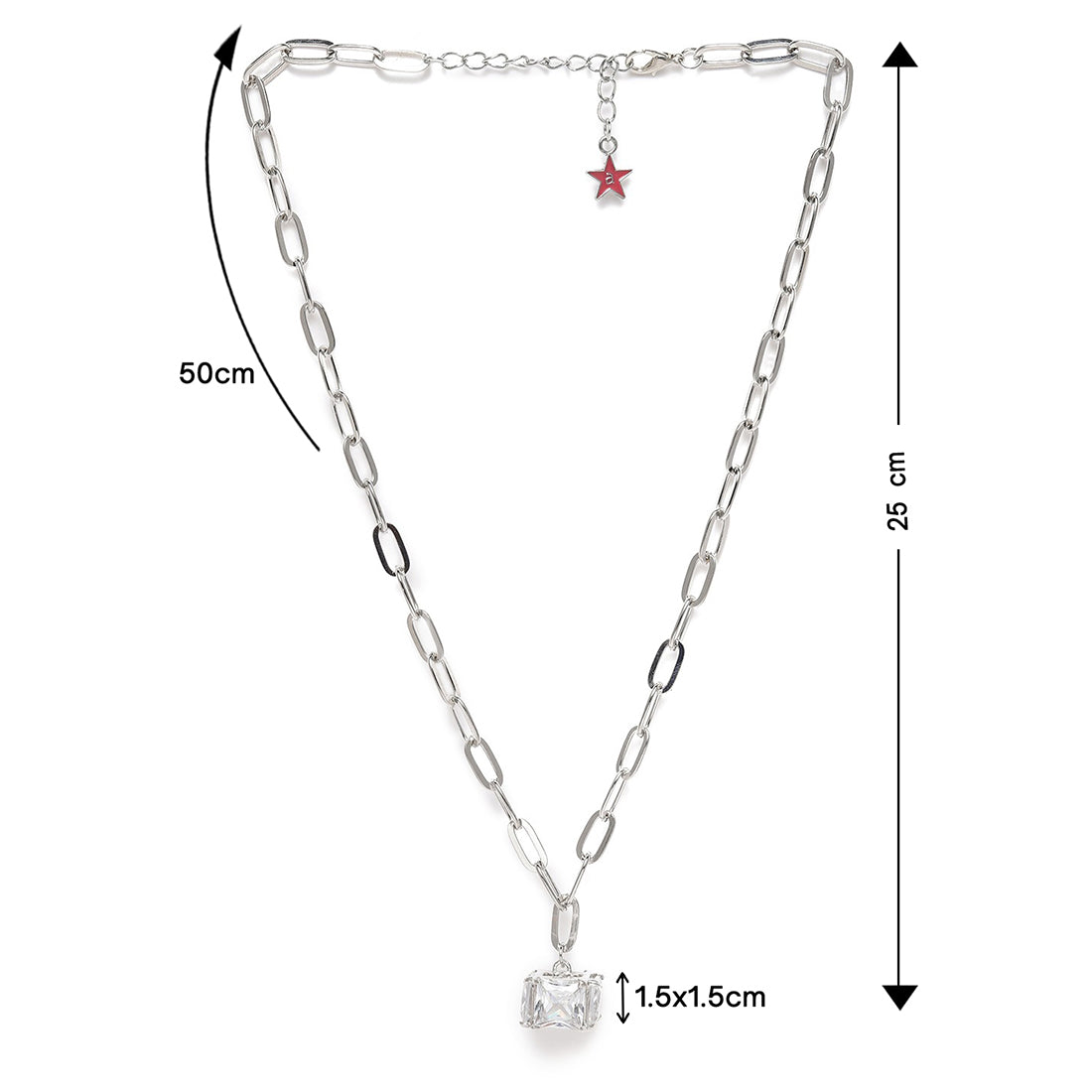 Cube Diamante Stud Silver-Toned Oversized Pendant Chain-Link Necklace
