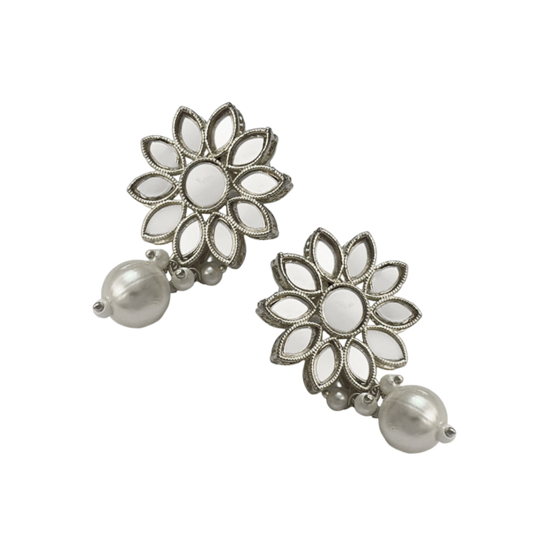 Flower Stud with Mirror Embellishments Silver-Toned Pearl Drop Earrings