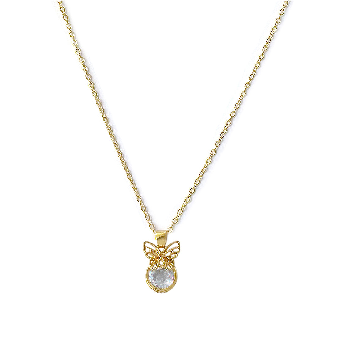Butterfly Pendant Necklace with Circular Diamante Stud Gold-Toned Mini Pendant Necklace