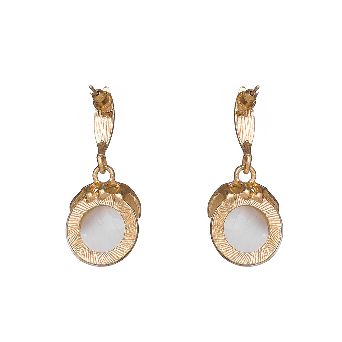 Elegant Leaf Pattern Gold-Toned Earrings With Moonstone And Diamonti Drops