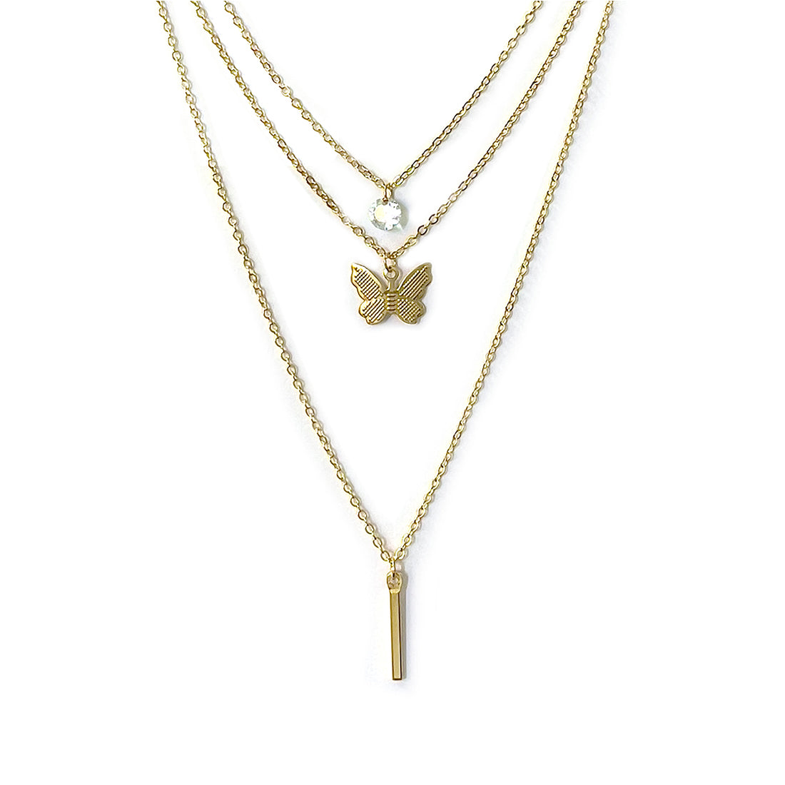 Contemporary Chain Link, Diamante Stud, Butterfly & Bar Pendant Gold-Toned Multi-Layered Necklace