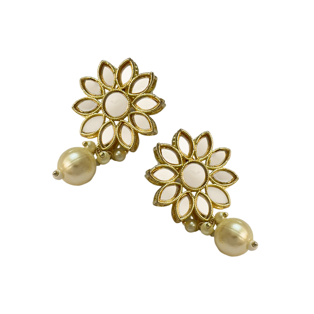 Flower Stud with Mirror Embellishments Gold-Toned Pearl Drop Earrings
