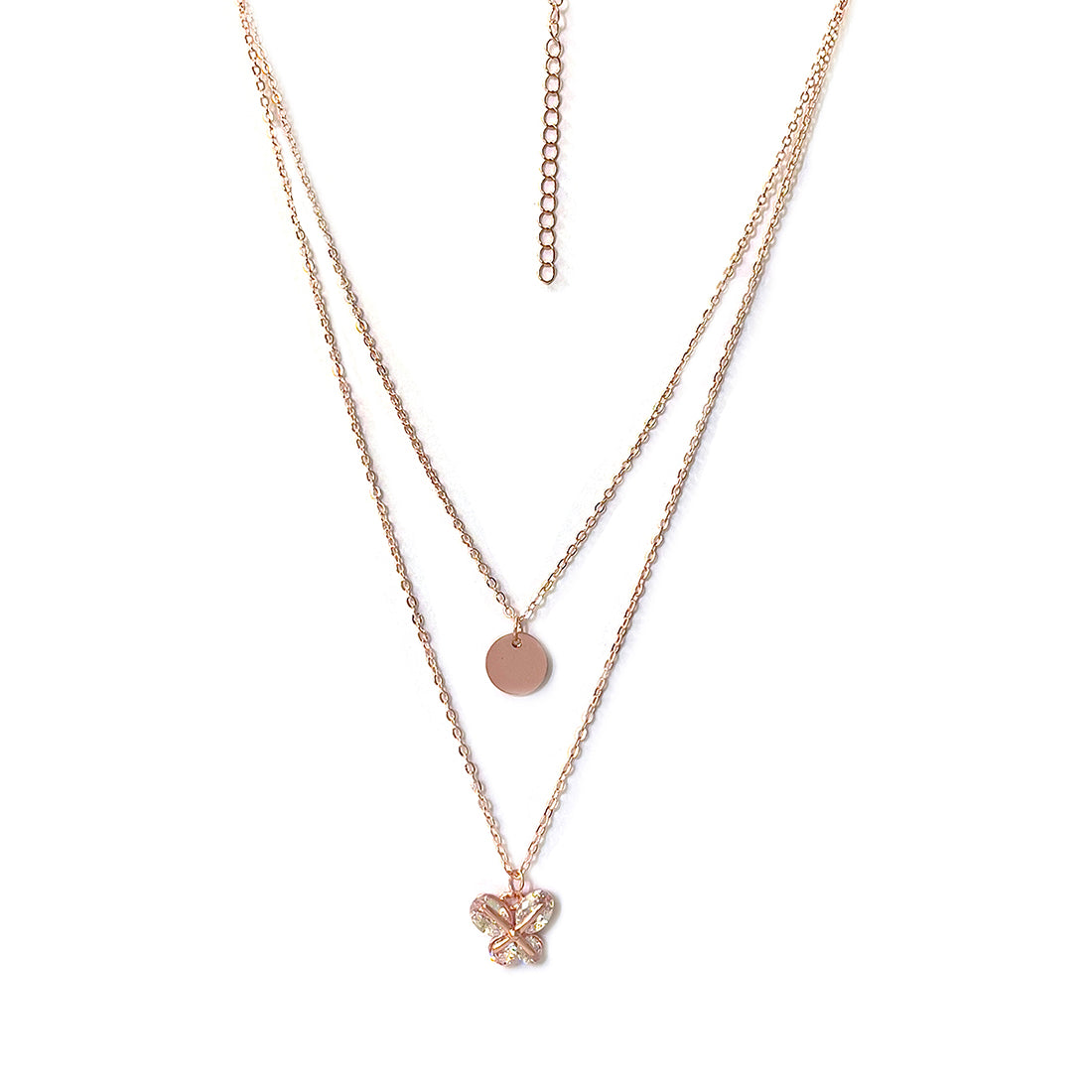 Contemporary Circular & Diamante Studded Butterfly Pendant Rose Gold-Toned Multi-Layered Necklace