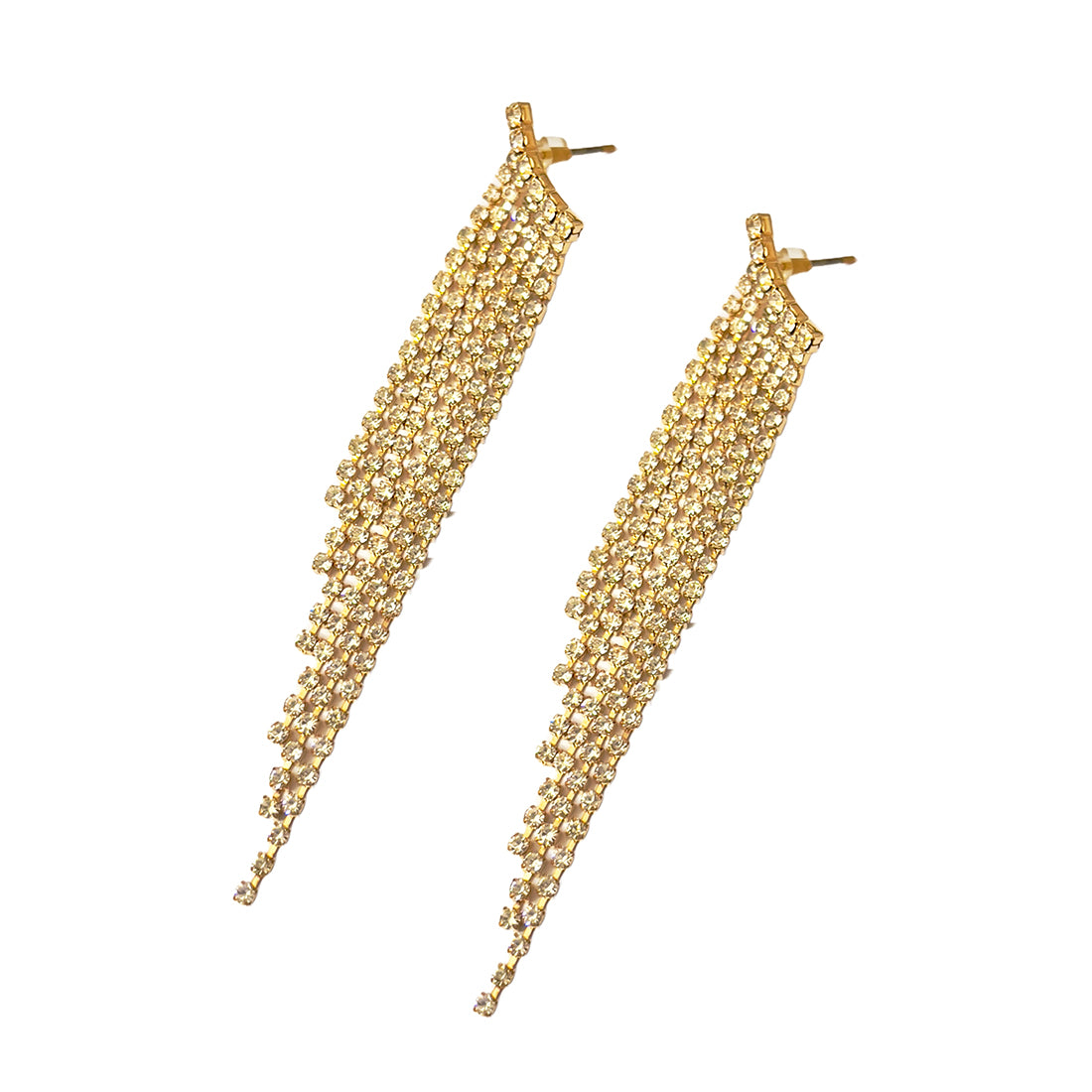 Contemporary White Diamante Crystal Studded Gold-Toned Asymmetric Long Tassel Drop Earrings