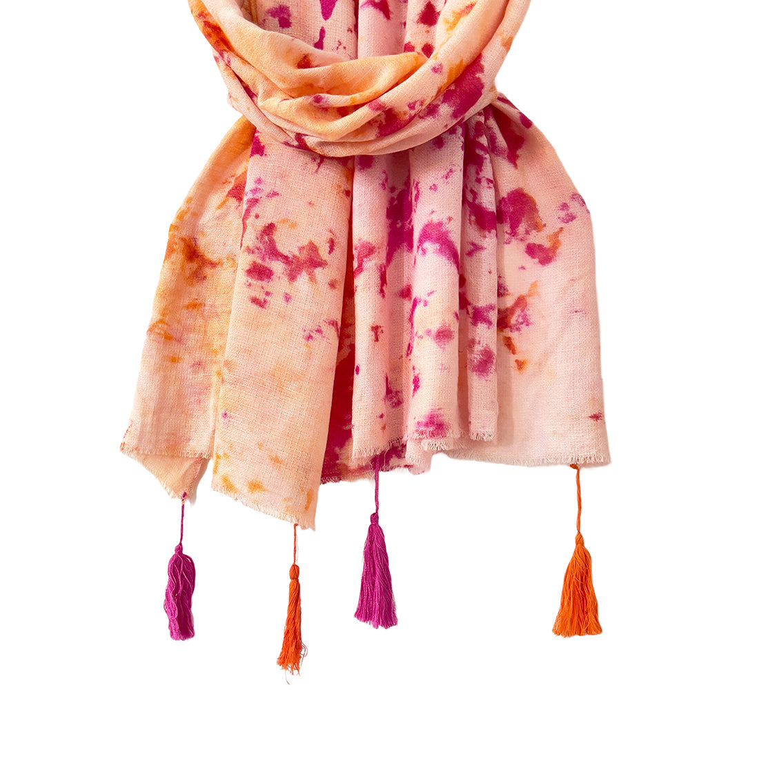 Pink & Orange Tie & Dye Modal Scarf with Fringes & Long Tassels
