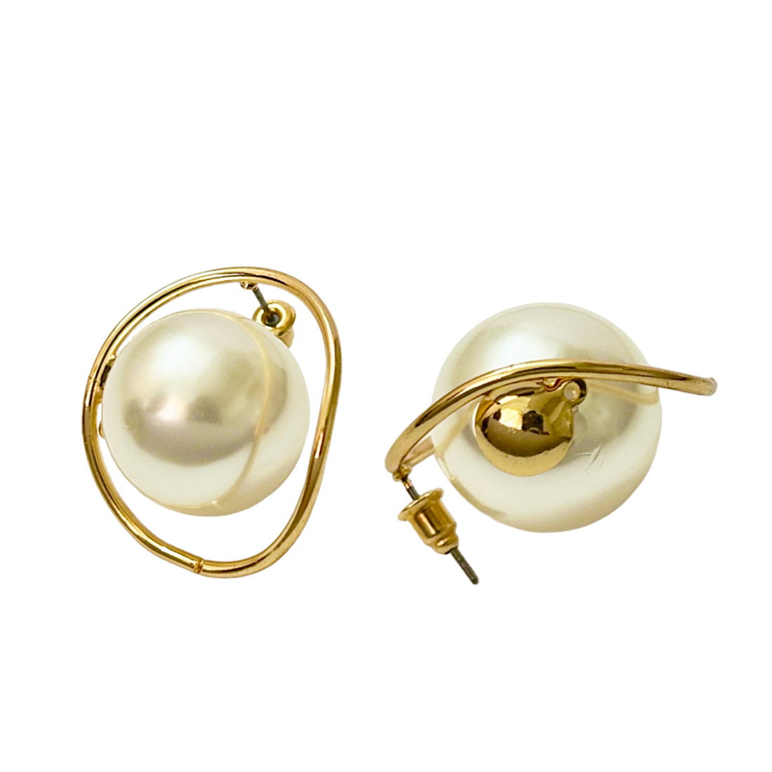 Oversized Pearl Ball Gold-Toned Organic Circular Stud Earrings