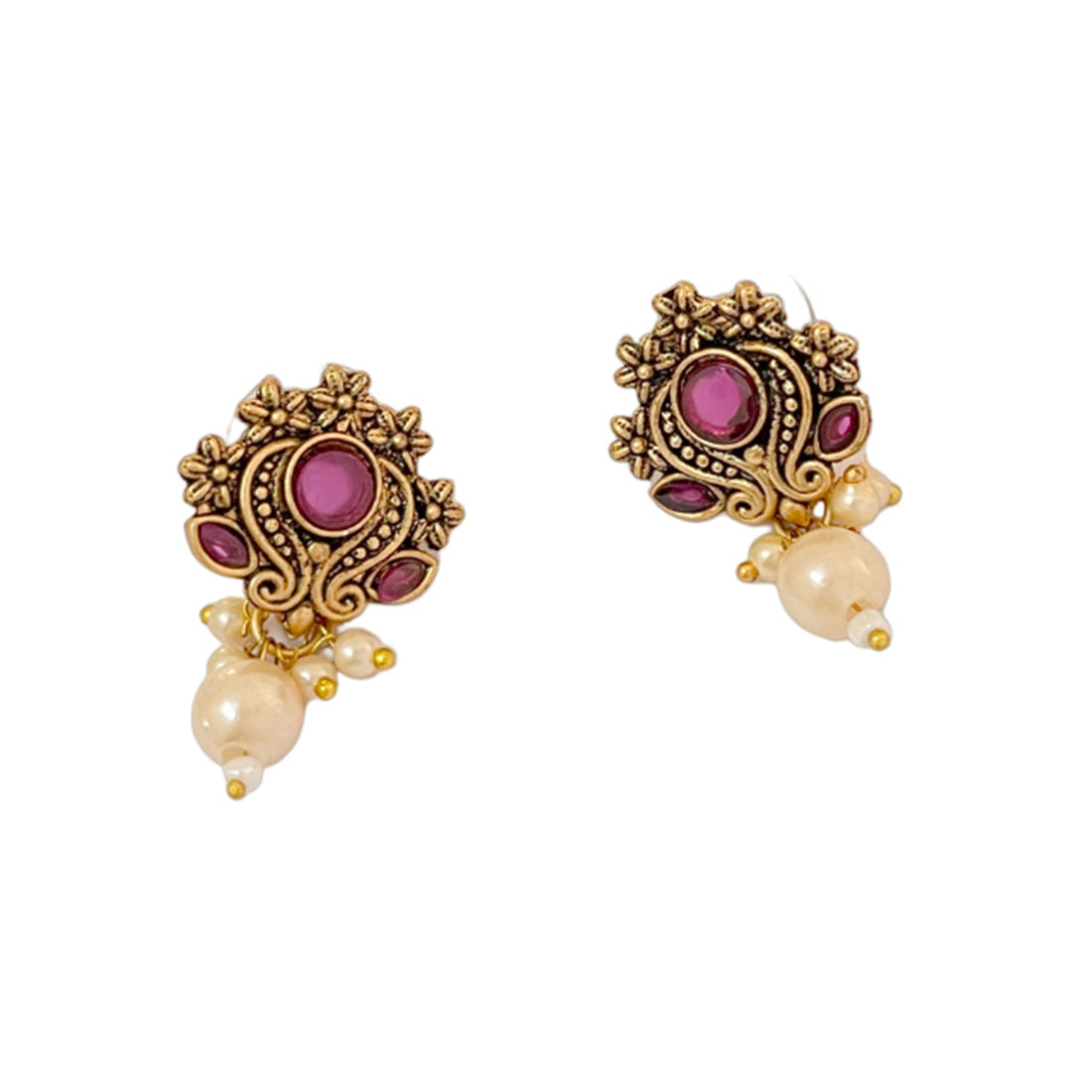 Ethnic Oxidized Maroon Rhinestones Gold-Toned Studs with Pearl Drop Earrings