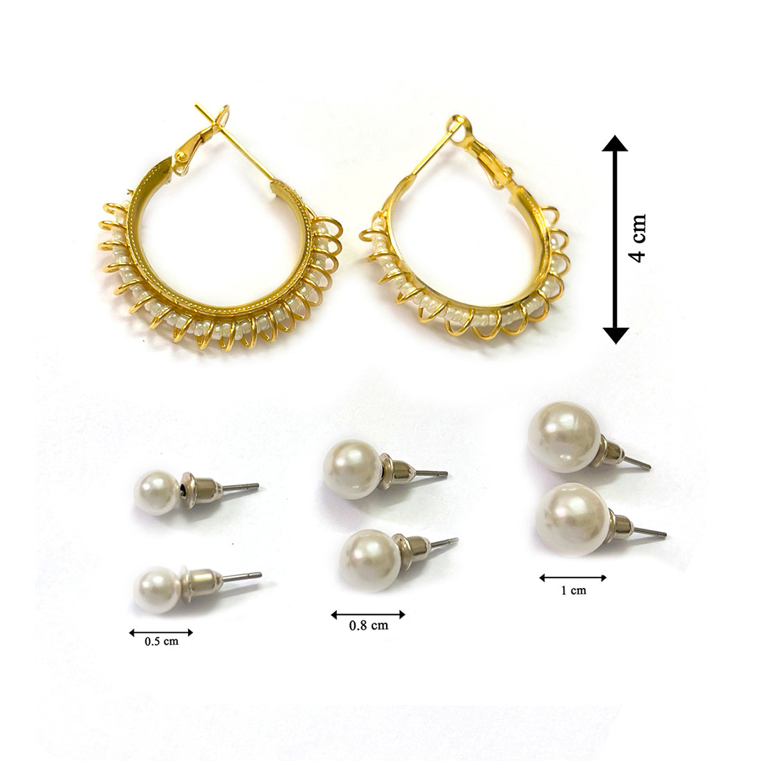 Set Of 4 White Pearl Studs In Different Sizes & Gold-Toned Wire Wrapped Hoop Earrings