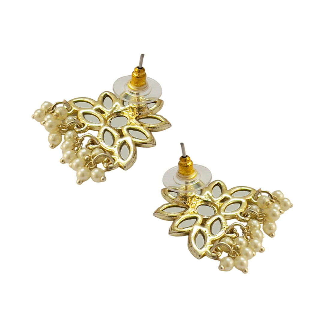 Half Flower Stud with Mirror Embellishments Gold-Toned Tiny Pearl Drop Earrings
