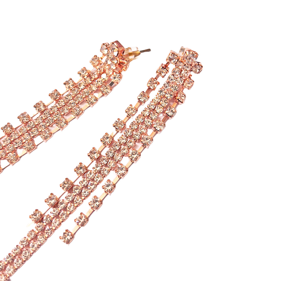 Contemporary White Diamante Crystal Studded Rose Gold-Toned Long Tassel Drop Earrings