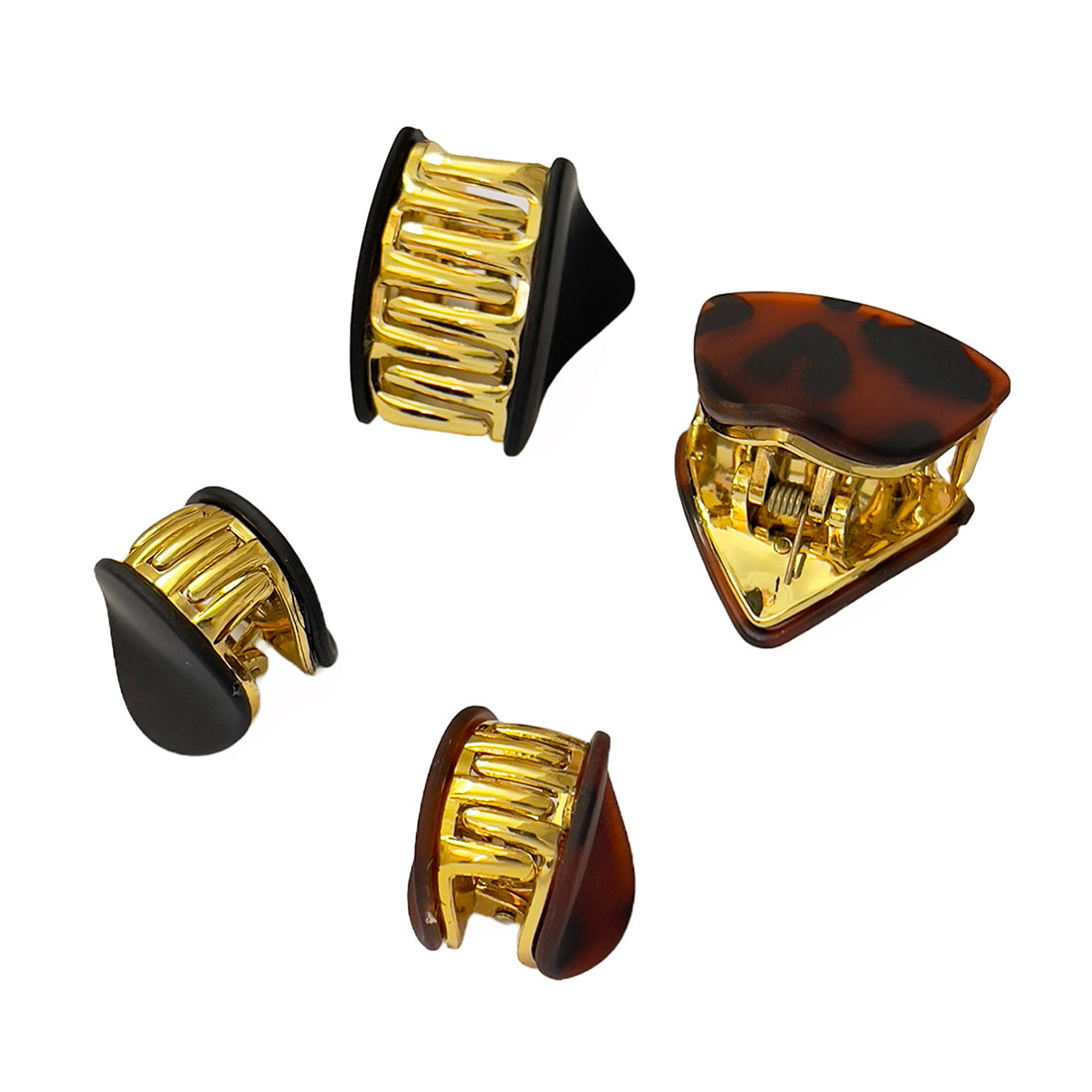 Stylish Set Of 4 Gold-Toned Matte Black & Leopard Print Claw Clutch Clips