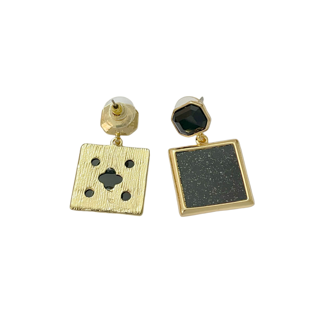 Contemporary Black Acrylic Gold-Toned Hexagon Rhinestone with Square Drop Earrings
