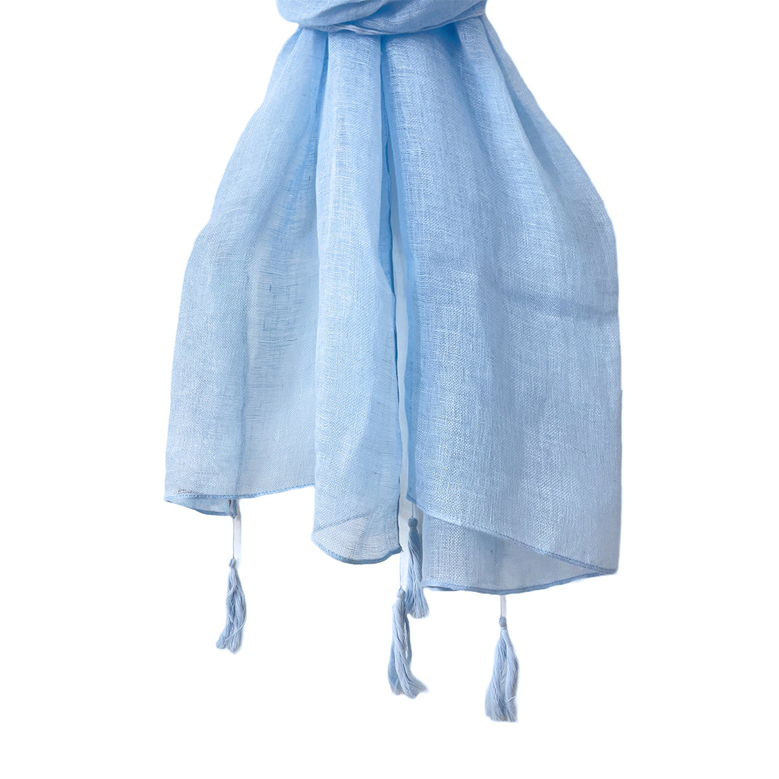 Sky Blue Solid Linen Scarf with Long Tassels on Corners