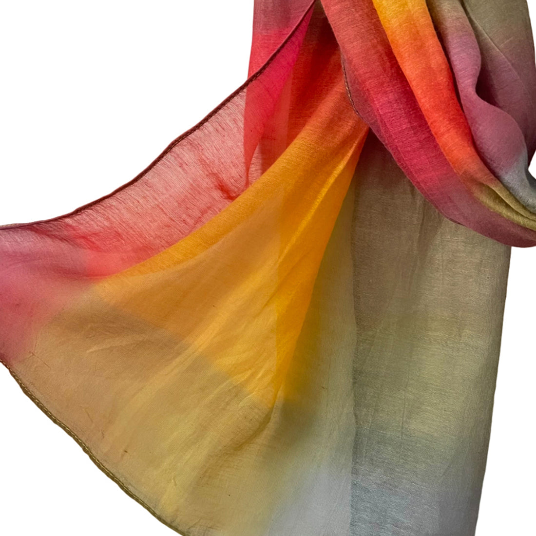 Shades of Yellow, Orange & Grey Ombre Patches Silk-Cotton Blend Crinkle Effect Scarf