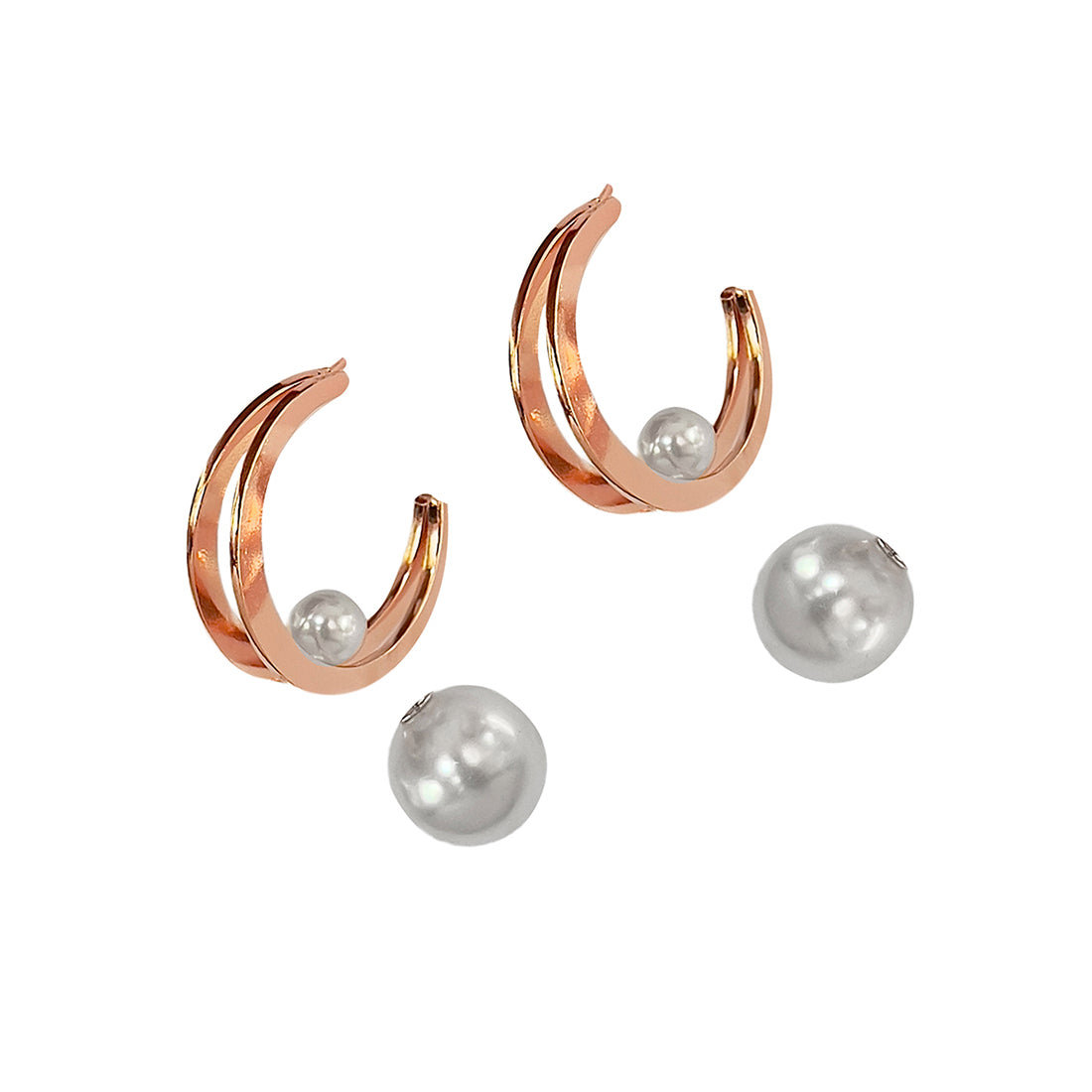 Circular Rose-Gold Toned Pearl Drop Oversized Double Layer Hoop Earrings