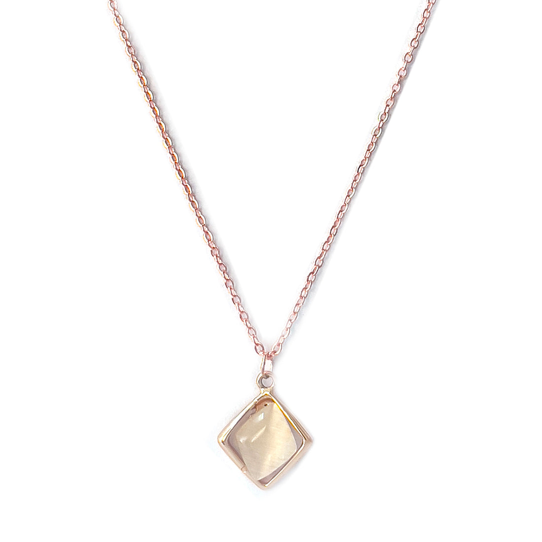 Diamond Shaped Moonstone Stud Mini Pendant Rose Gold-Toned Dainty Necklace