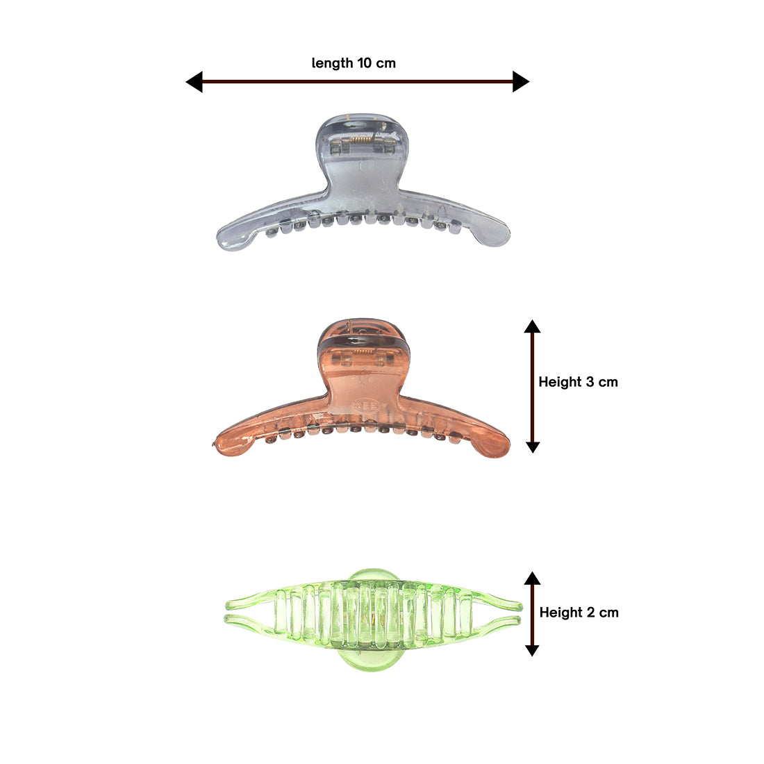 Chic Set Of Three Hair Clutches In Transparent, Tan, Green, And Grey Shades.