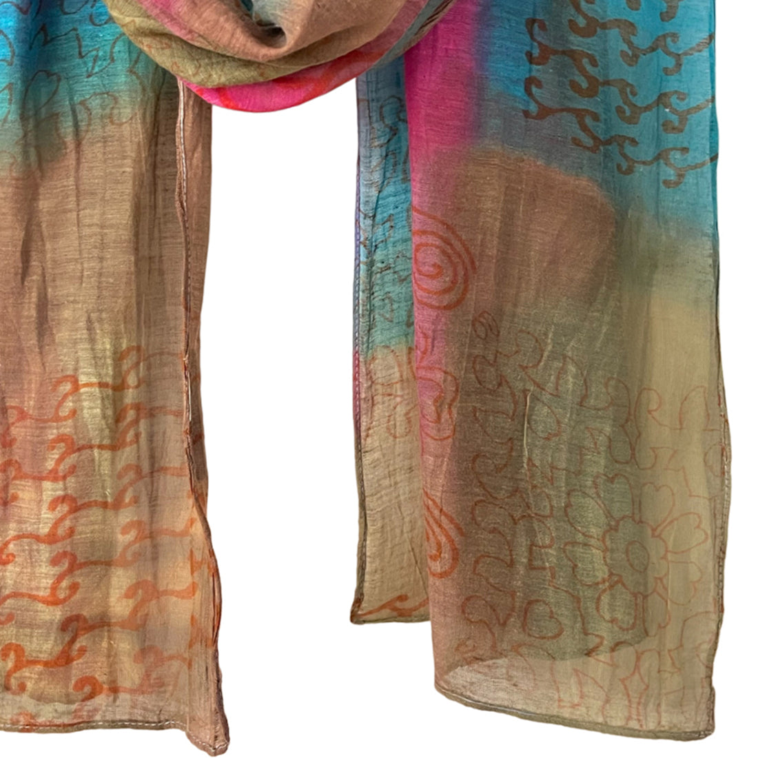Tribal Printed Multicolor Pink, Blue & Brown Ombre Square Patches Silk-Cotton Blend Crinkle Effect Scarf