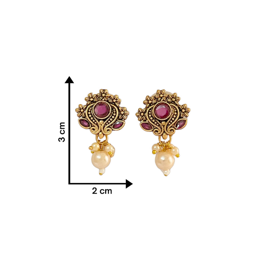 Ethnic Oxidized Maroon Rhinestones Gold-Toned Studs with Pearl Drop Earrings