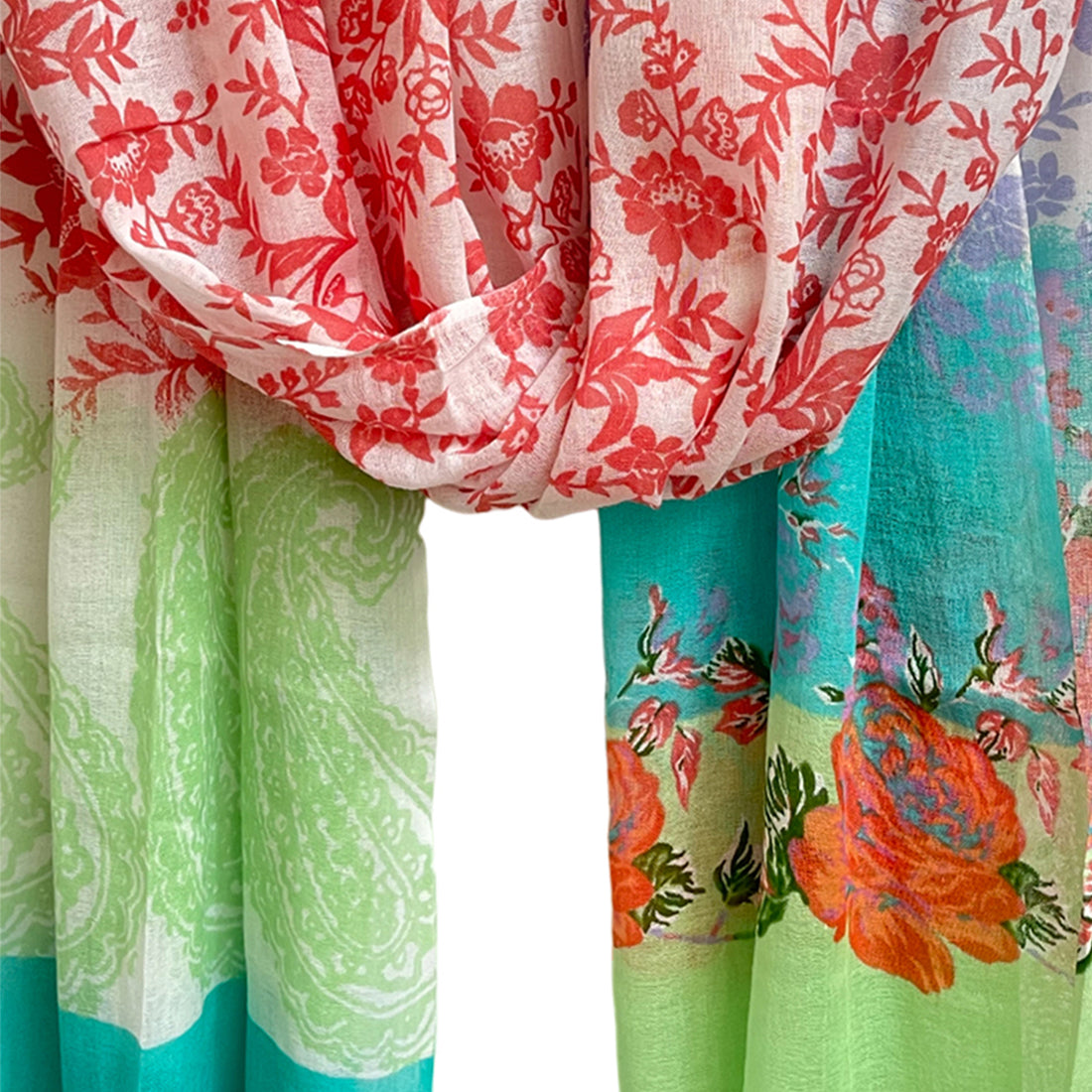 Red, Green, Blue & White Abstract Floral & Paisley Printed Viscose Scarf