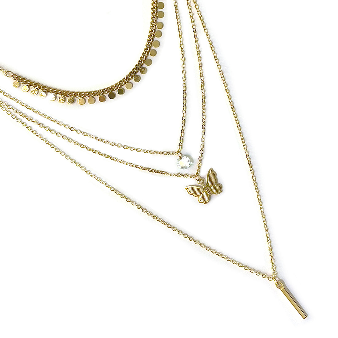 Contemporary Chain Link, Diamante Stud, Butterfly & Bar Pendant Gold-Toned Multi-Layered Necklace