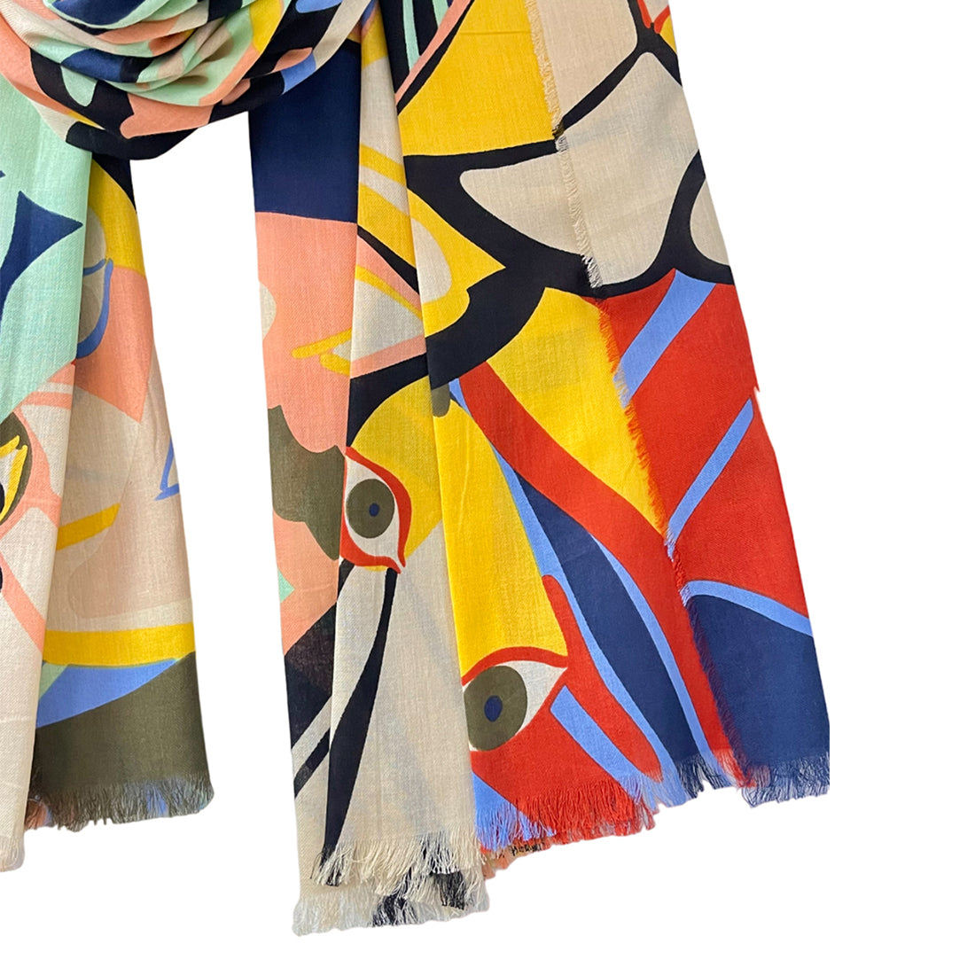 Multicolor Color-Blocked Evil Eye, Butterfly Patterns Abstract Printed Big Viscose Scarf