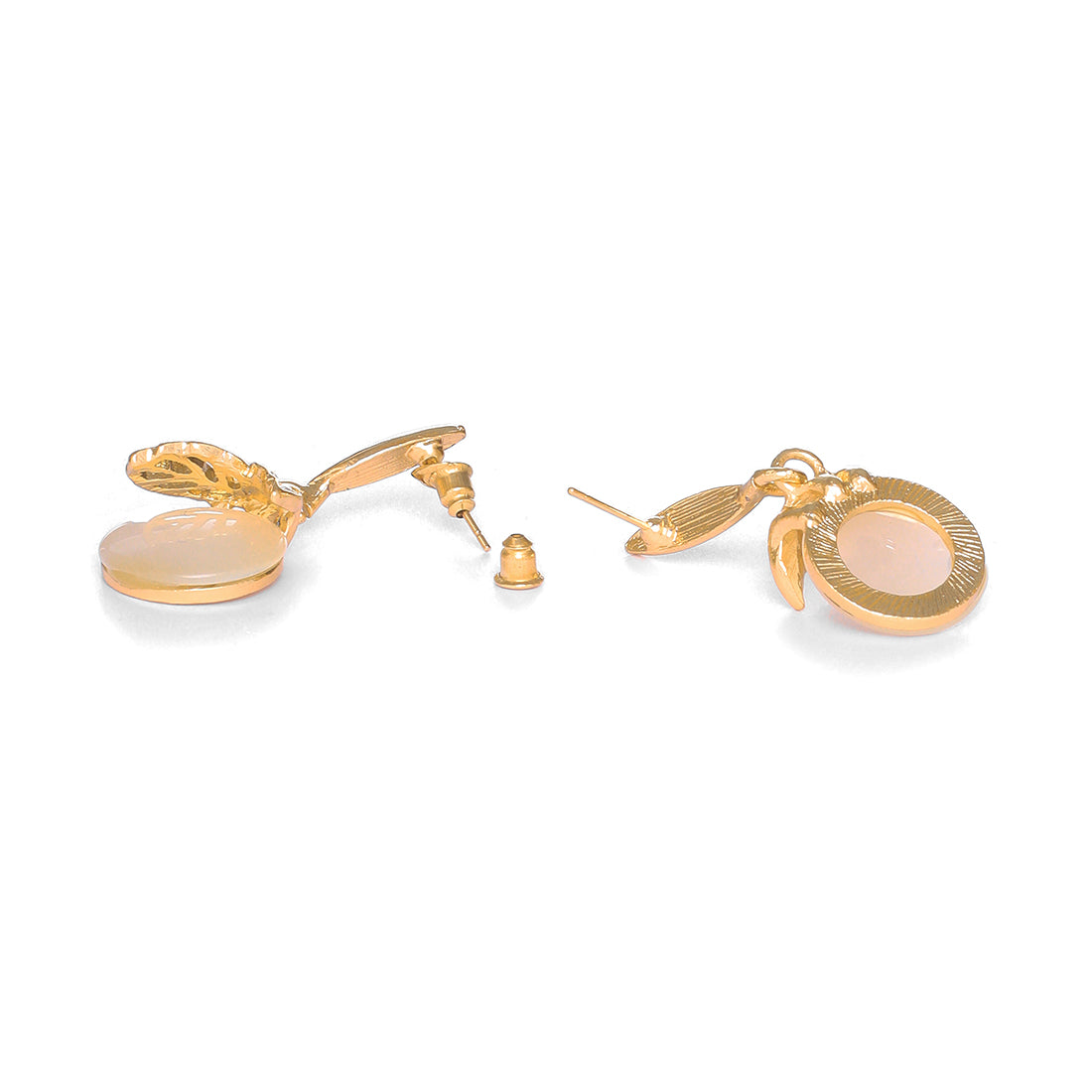 Elegant Leaf Pattern Gold-Toned Earrings With Moonstone And Diamonti Drops